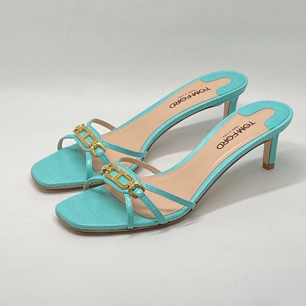 Tom Ford Aqua Blue Strappy Heeled Sandals with Gold Hardware